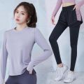 瑜伽服女健身房跑步套装运动服网红透气瑜伽服上衣套装_840 XL【建议：120-135斤左右】 藕紫两件套【长袖】TC29484