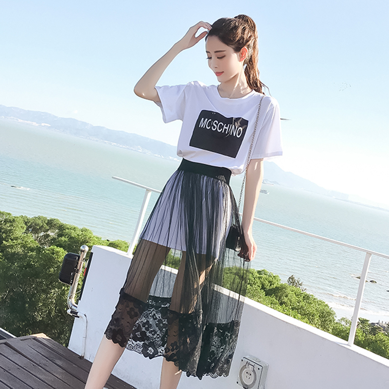 连衣裙女夏装2018新款韩版学生网纱裙子T恤套装裙两件套中长款春