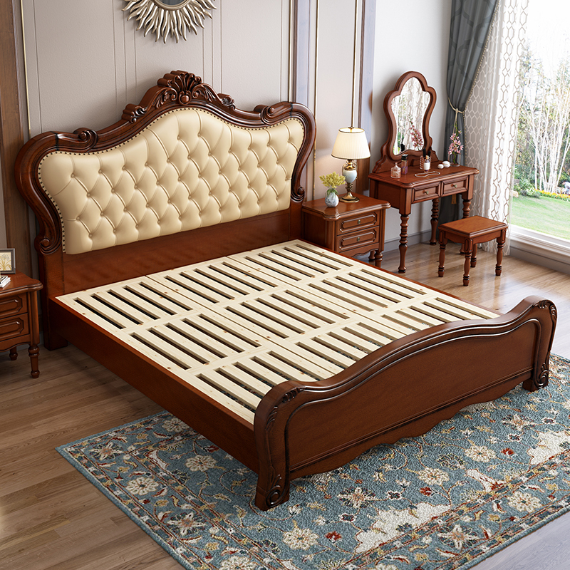 实木床美式桃花芯木单双人床18m米软靠皮床高箱储物卧室精品家具8810p