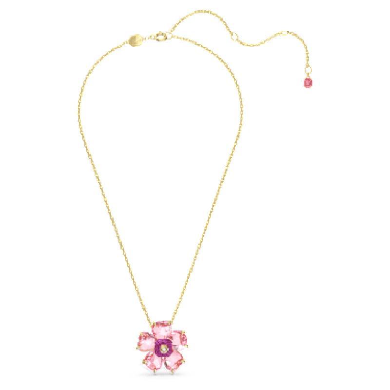 Swarovski女款时尚饰品 粉色水晶花朵项链 金色调滑动链坠