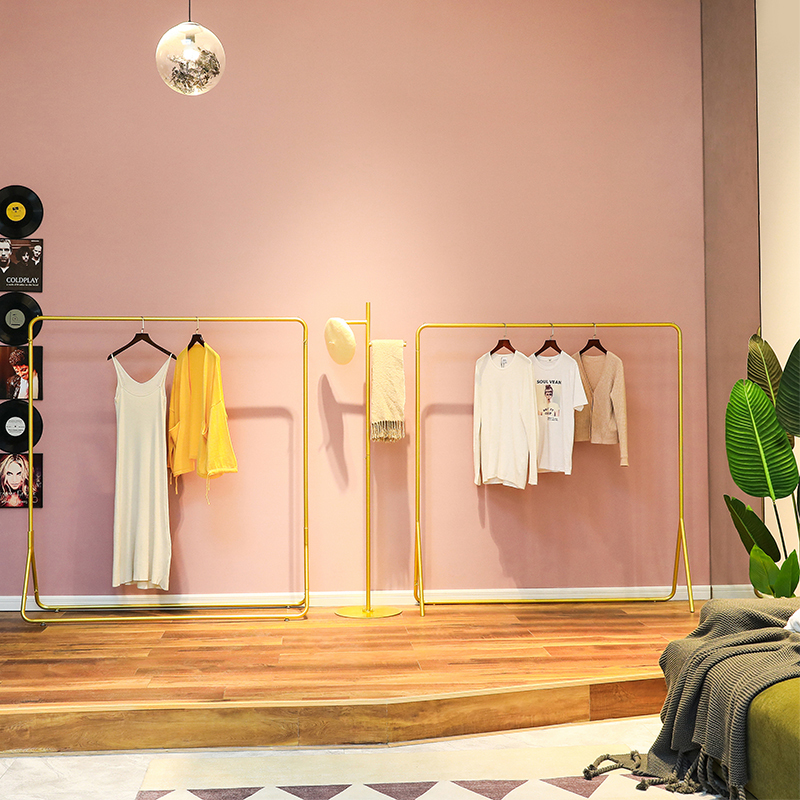 女装店货架展示架服装店落地式陈列侧挂架服装架 北欧ins衣服架子晾晒架 三维工匠 单脚纳米金120*160 官方标配