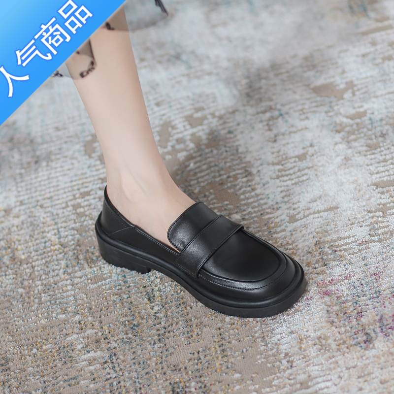 SUNTEK乐福鞋女中跟2023秋季新款黑色软皮小皮鞋英伦风气质厚底单鞋高清大图