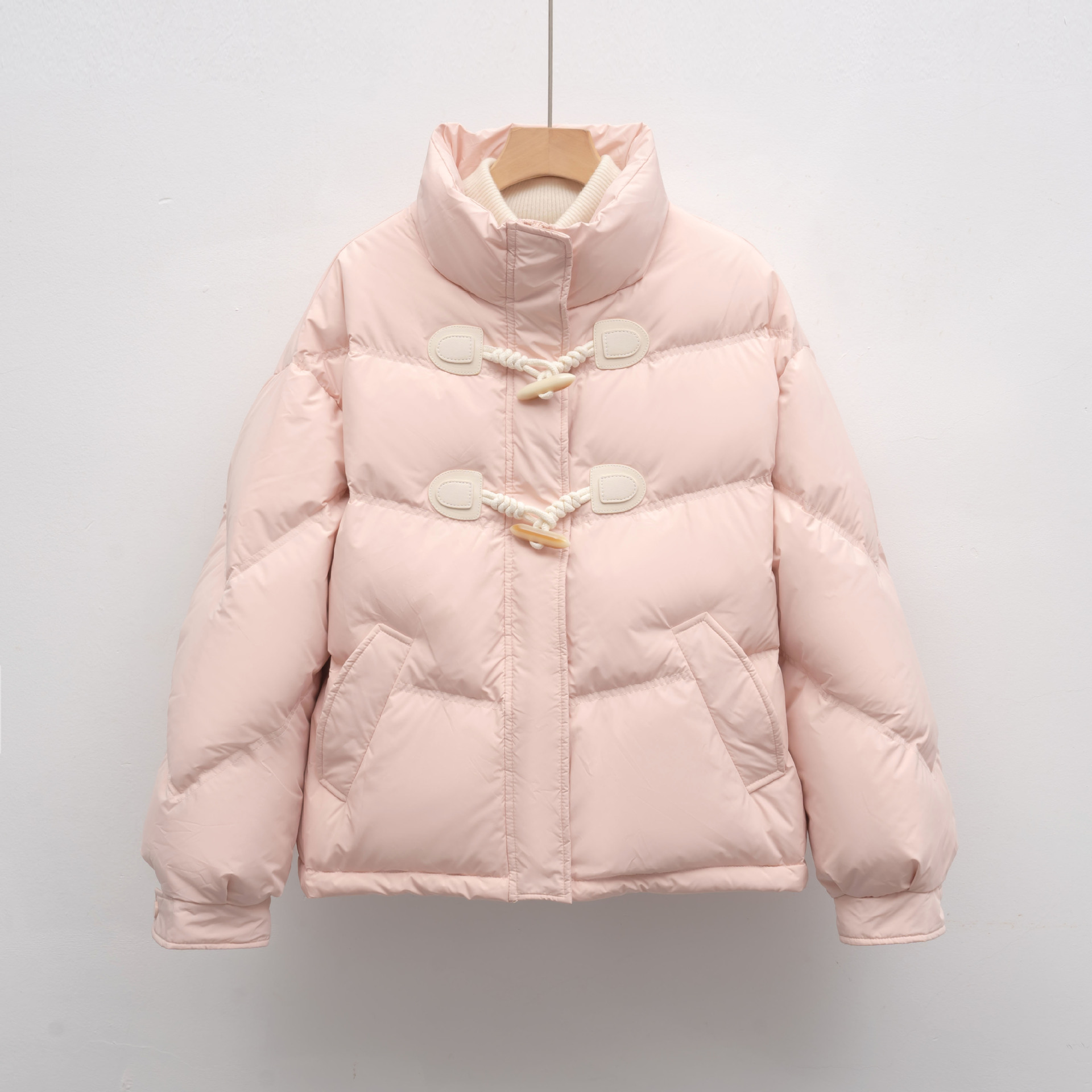 新款短款宽松灯芯绒面包服外套立领牛角扣羽绒服女_55 粉色 S