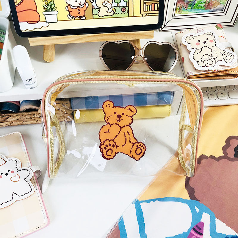 ins防水大容量少女化妆包韩国超火可爱便携旅行化妆品洗漱收纳包 透明草莓熊化妆包