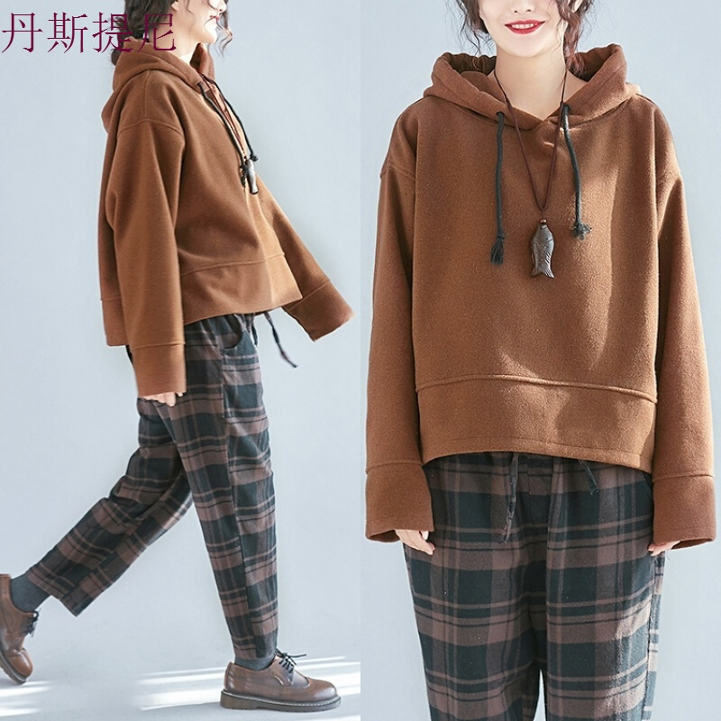 春秋文艺大码胖mm宽松双面呢毛呢料卫衣女短款连帽套头上衣潮