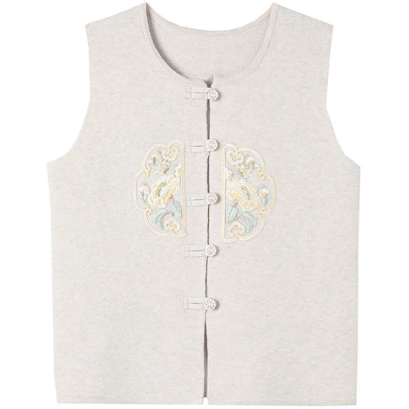 恒源祥秋冬厚款针织衫2024冬新款无袖圆领花卉图案背心纽扣开衫图片