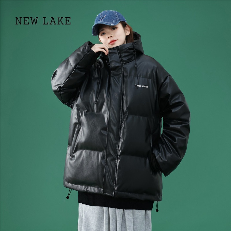 new lake冬季加厚连帽铺棉外套女胖mm大尺码200斤宽松羽绒棉服pu皮