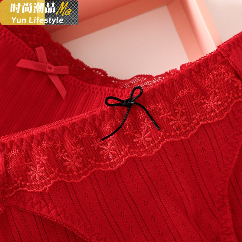 YUNWUXIN3条礼盒装 本命年大红色内裤女牛年属牛少女蕾丝棉结婚新年短裤内裤