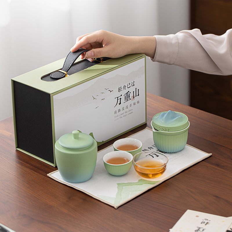 苏氏陶瓷(SUSHI CERAMICS)国潮茶具轻舟已过万重山一壶二杯带茶1叶罐茶巾功夫茶具伴手礼