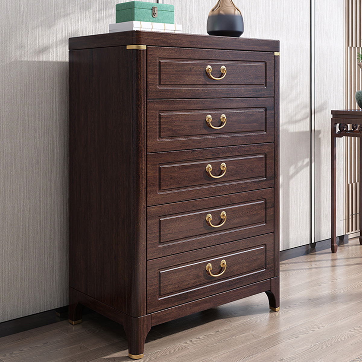 采百木(caibaimu)新中式实木五斗柜紫金檀木红木客厅家具五抽屉大容量