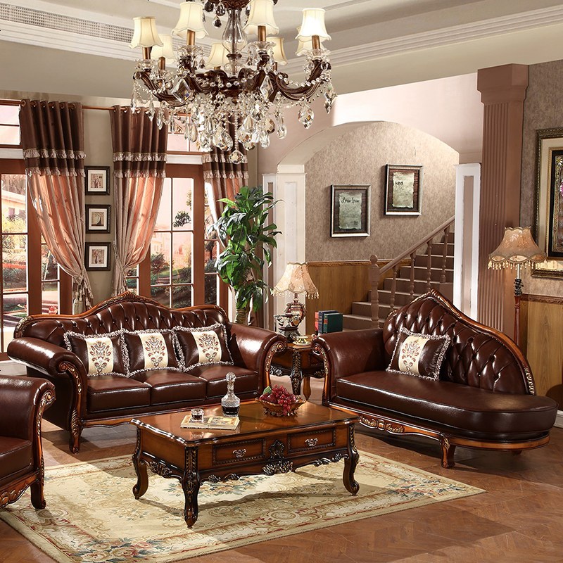 欧式真皮沙发组合客厅整装简欧小户型头层牛皮店铺美式三人位