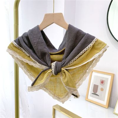 蕾丝边双色拼姜黄灰韩版花边蕾丝三角巾丝巾棉麻围巾女春秋季外搭披肩
