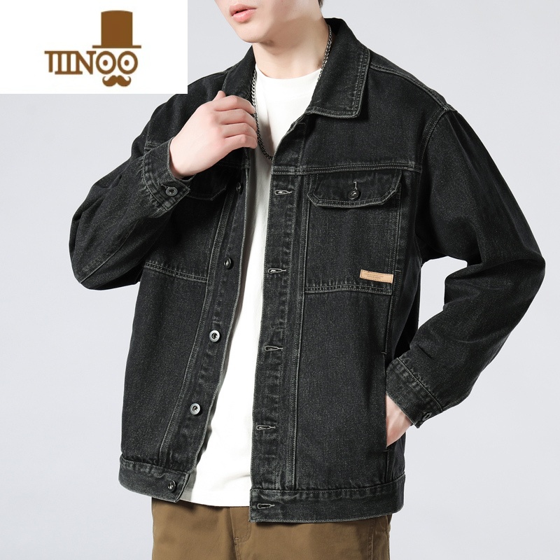YANXU秋季新款牛仔外套男宽松潮流百搭帅气上衣水洗翻领复古休闲夹克高清大图
