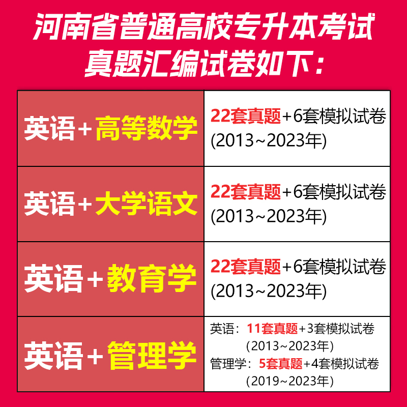 [大学语文+公共英语]历年真题 河南省 [正版]2024年好老师河南专升本历年真题及模拟试卷汇编高等数学公共英语教育学管