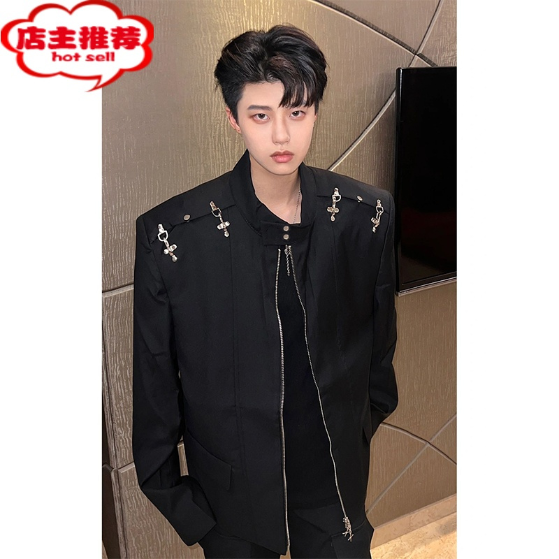 SHANCHAO高级感痞帅男装垫肩外套短款设计感cleanfit高街美式飞行员夹克衫