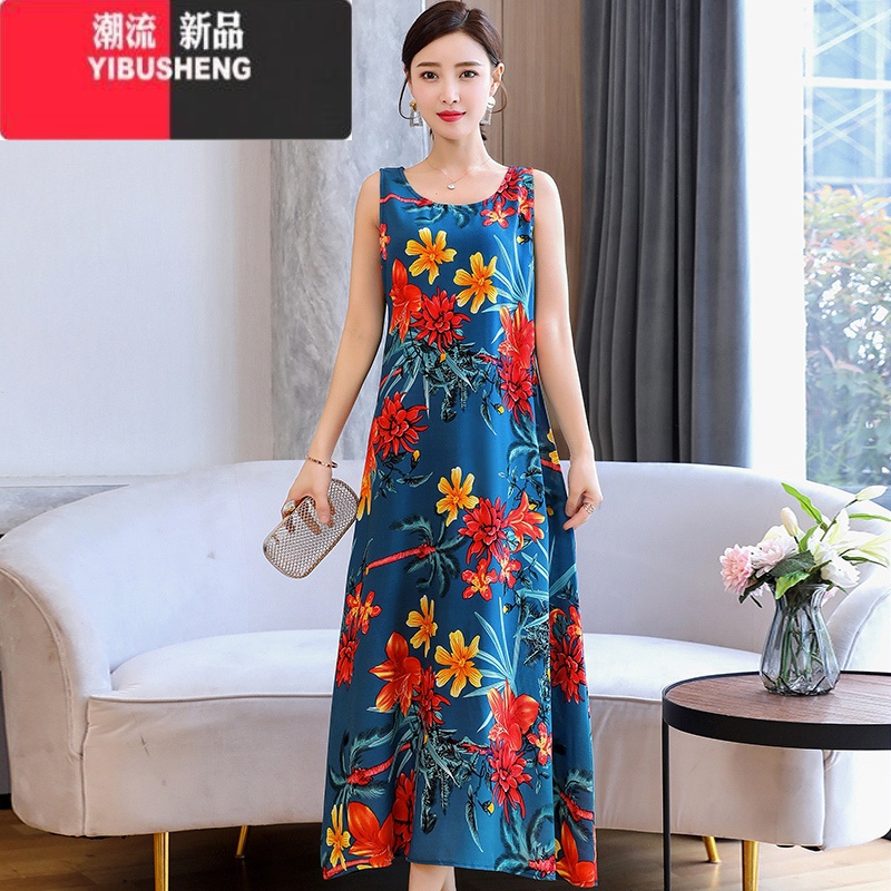YIBUSHENG中年妈妈装棉绸连衣裙女装无袖中长款宽松大码显瘦沙滩大摆裙子高清大图