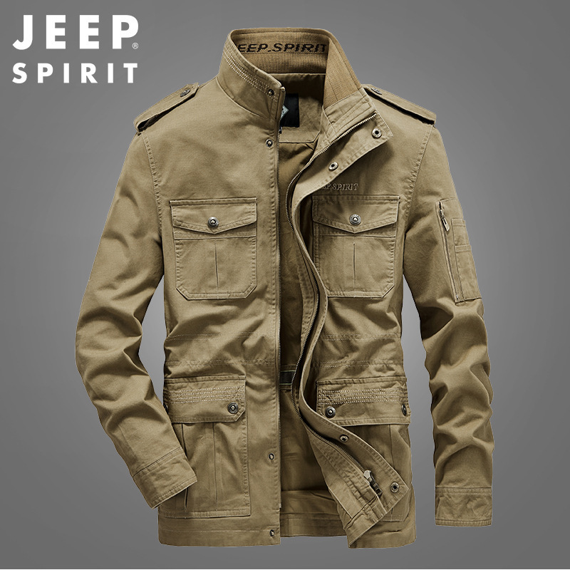 jeep吉普夹克男士春季纯棉男装休闲宽松立领多袋中青年外套8887视频