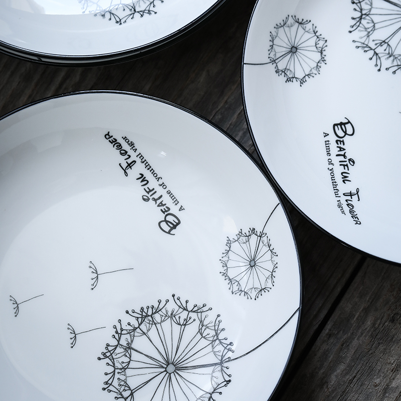 苏氏陶瓷( SUSHI CERAMICS)汤盘子 蒲公英简约家用陶瓷菜盘子8英寸4只装餐具套装