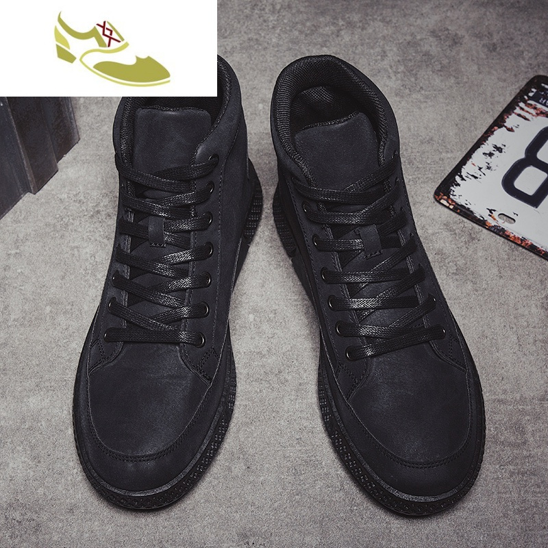 喻娄品牌秋冬季男士纯黑色高帮板鞋潮流百搭休闲鞋全黑色男鞋子高邦
