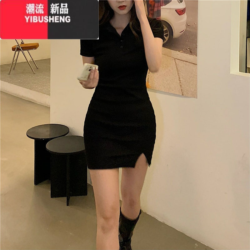 YIBUSHENGpolo领纯欲风连衣裙女季新款修身法式小众甜辣妹性感开叉包臀裙