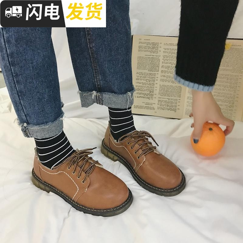 加绒小皮鞋女2022秋冬新款韩版复古百搭ulzzang软妹保暖学生棉鞋启如休闲鞋休闲鞋