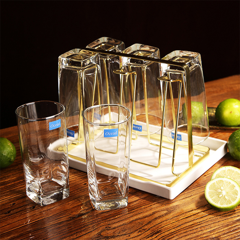 无铅玻璃杯水杯牛奶饮料果汁茶杯子6只高杯配水杯架配托盘套装组合