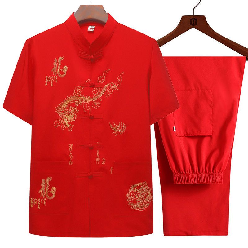 白色大龙[单件上衣] 39 /M[建议90-120斤] 夏季男士短袖唐装男中老年人薄款套装爸爸立领中国风汉服爷爷上衣