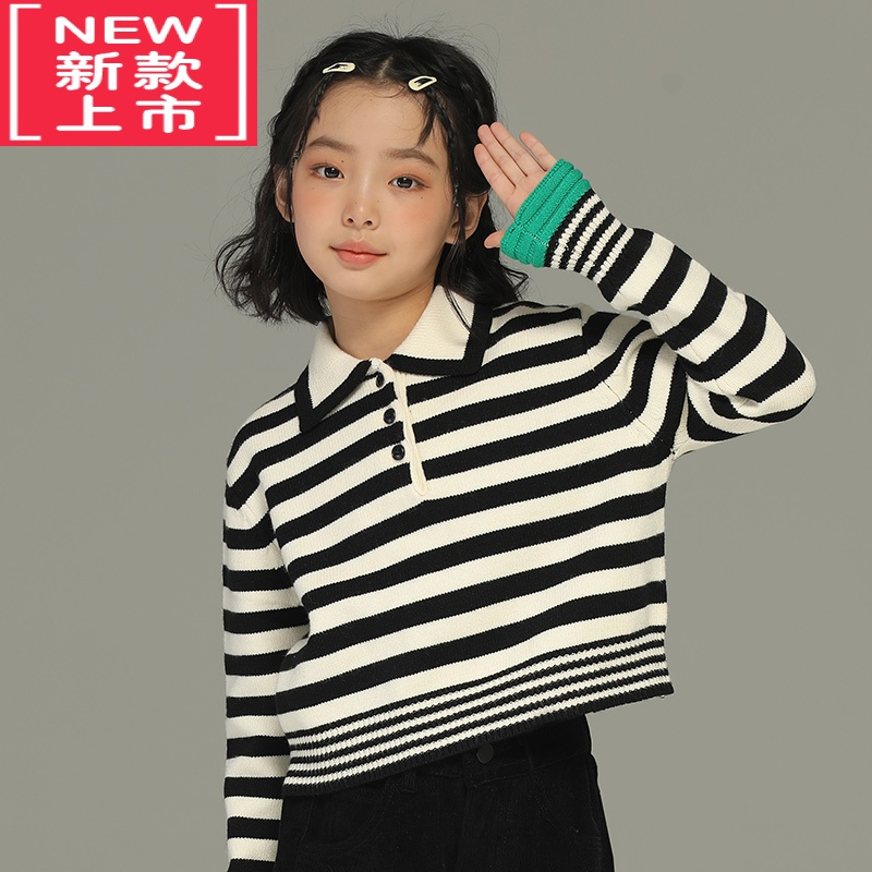 可莉允女童秋冬气质条纹翻领短款毛衣儿童针织衫中大童撞色打底衫