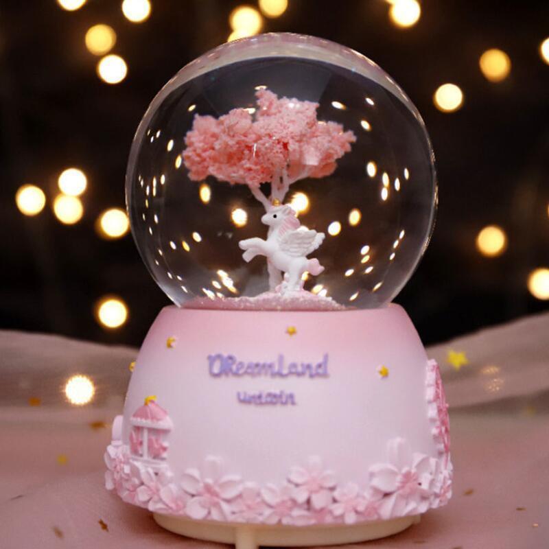 美帮汇花边独角兽飘雪水晶球 灯光音乐粉色桌面摆件 少女心高清大图