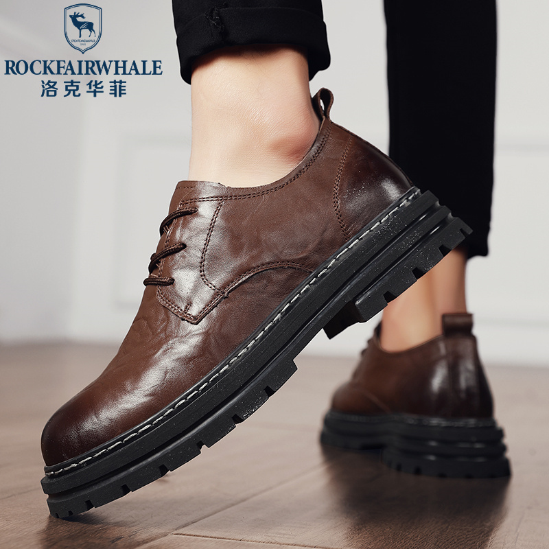 洛克华菲工装鞋夏季男鞋英伦风马丁靴圆头黑色低帮真皮大头休闲小皮