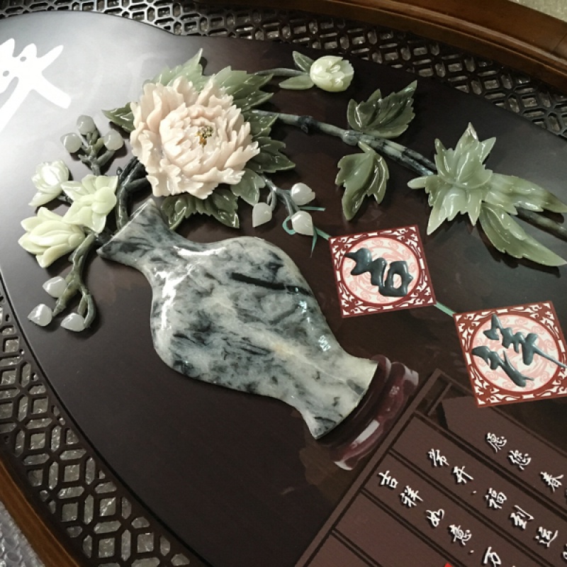 家柏饰(CORATED)加厚边框木画挂件 实木客厅玄关壁挂装饰画 玉石玉画挂件 花开富贵高清大图