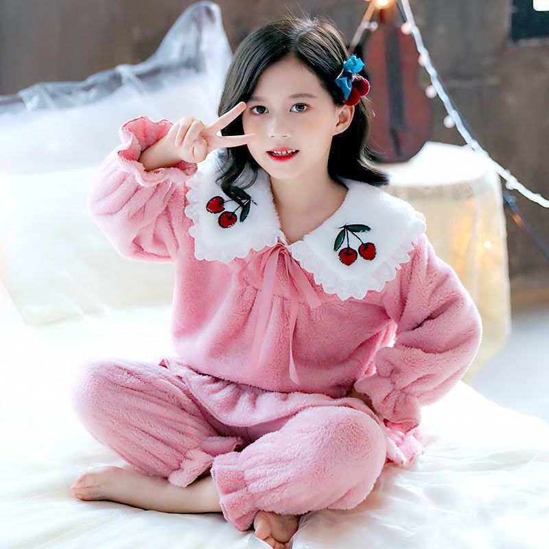 儿童睡衣冬季女童法兰绒珊瑚绒秋冬加厚女孩公主女宝宝家居服套装