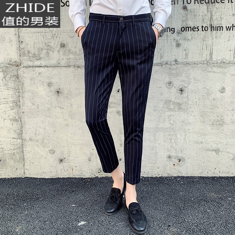 SUNTEK竖条纹西裤男修身小脚九分韩版潮流夏季休闲9分垂感男士西装裤子西裤 藏青色条纹二 2XL