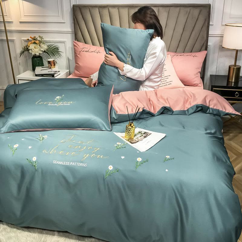 美帮汇欧式水洗真丝四件套丝滑床单被套拼色刺绣北欧风床笠床上用品图片