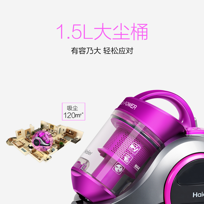 海尔(Haier)卧式吸尘器ZW1202R 紫红色 家用小型手持 强力大功率大吸力 地毯狗毛除螨高清大图