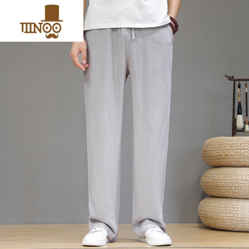YANXU棉麻休闲裤男中国风夏季薄款宽松直筒阔腿裤亚麻透气休闲日系长裤高清大图