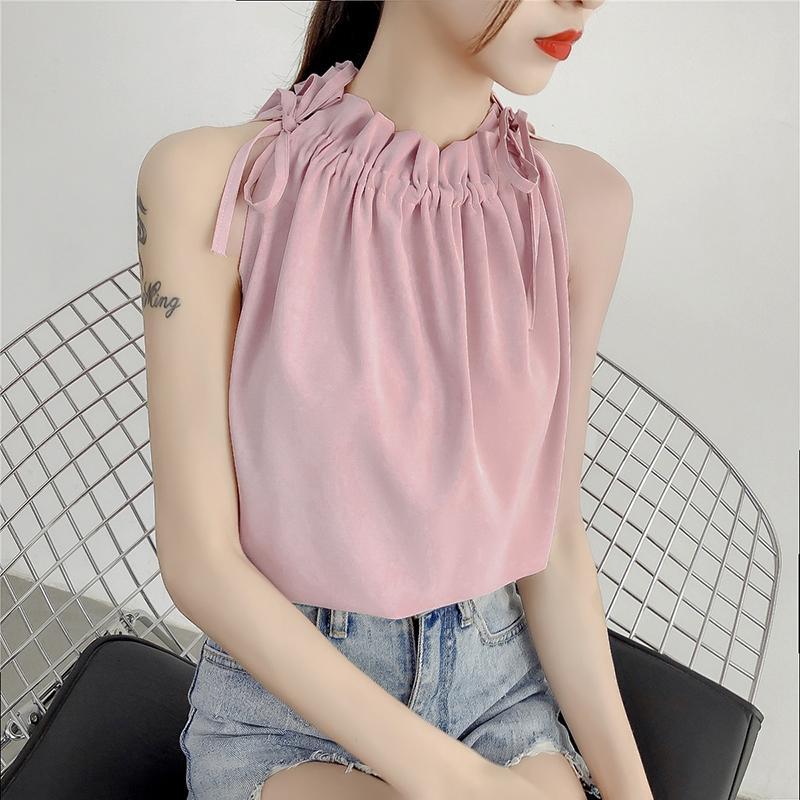 吊带小背心女外穿ins潮性感心机无袖雪纺衫露肩漏锁骨挂脖上衣夏