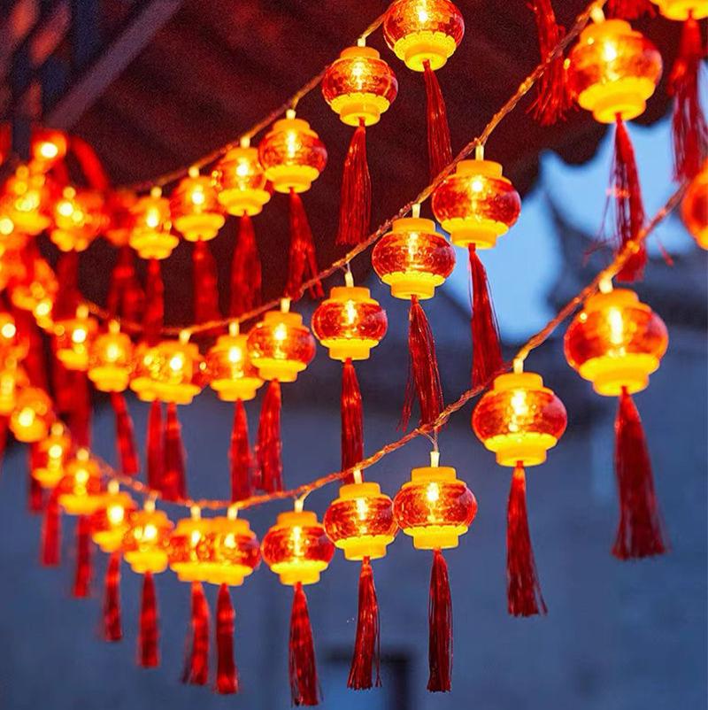 新年春节LED红灯笼灯串户外防水彩灯节日喜庆装饰灯庭院走廊灯笼-4cm水晶流苏红灯笼-3米20灯【常亮+闪烁电池款】