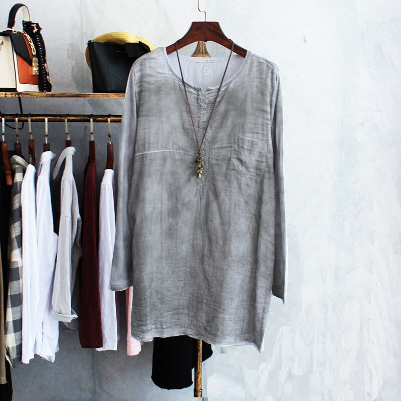 ediyipi秋宽松单排做旧扎染中长款棉麻长袖t恤打底衫t白均