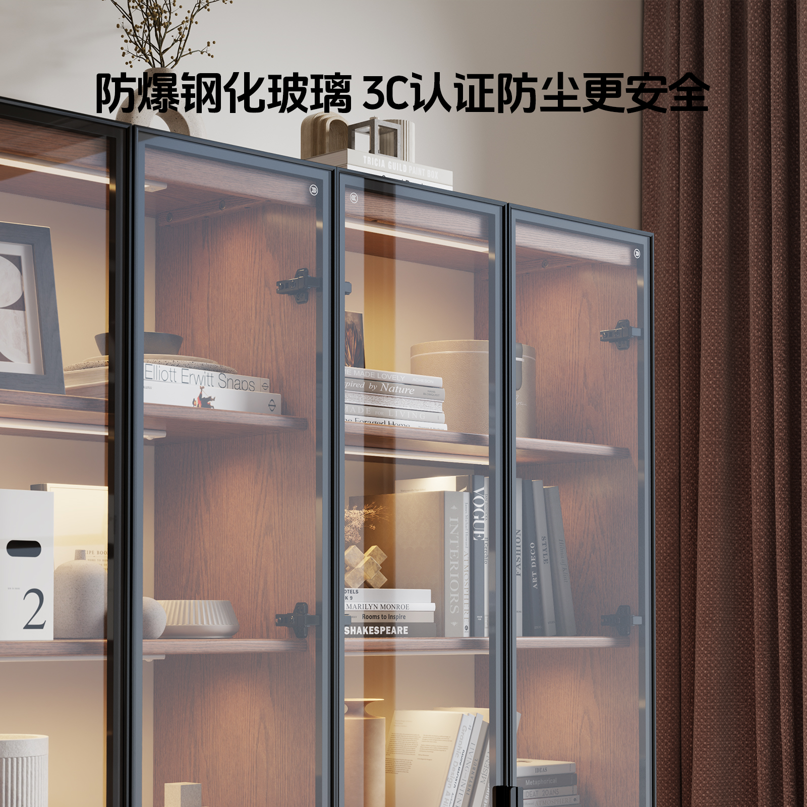 实木防尘玻璃门书柜客厅背景墙落地整墙书架手办展示柜组合柜高清大图