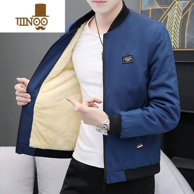 YANXU男士外套韩版修身加绒立领夹克男秋装个性潮男冬装加厚棉衣服图片