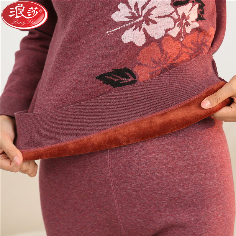 浪莎langsha女士保暖内衣秋冬季中老年加绒加厚提花中领修身加厚秋衣秋裤套装高清大图