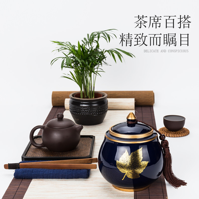 茶叶罐陶瓷霁蓝釉大号烘焙精灵茶罐密封罐家用醒茶盒储物防潮空盒 哥窑浮雕茶叶罐鱼戏荷花
