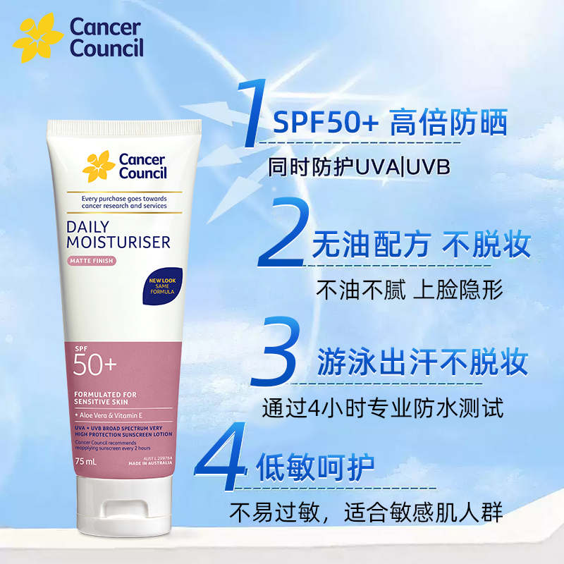 Cancer Council日常防晒霜SPF50+ 75ml面部润色身体高倍防晒防水防汗军训防晒霜高清大图