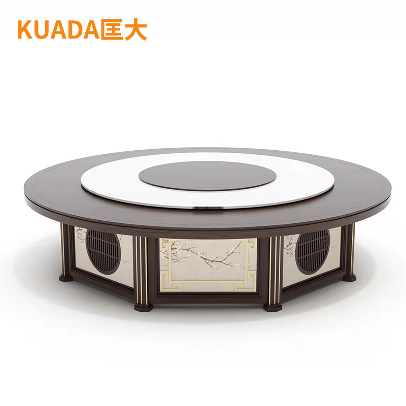 匡大 餐桌实木餐桌 圆餐桌2.2米手动餐桌KDT916 大理石花纹+胡桃色