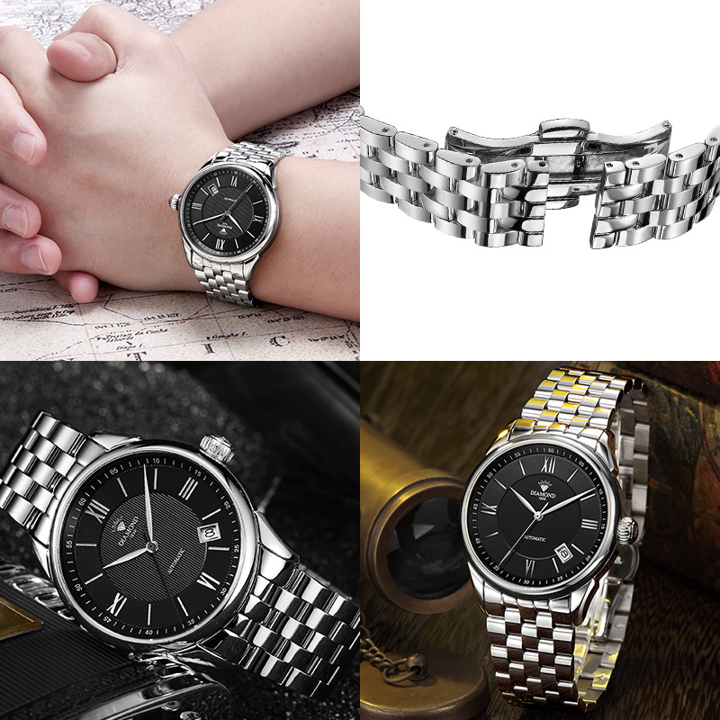 钻石牌（DIAMOND）手表男士自动机械大表盘日历精钢2101-2男士手表黑面白钢带高清大图