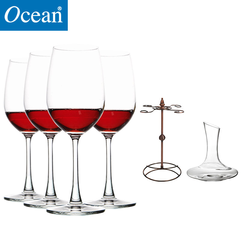 Ocean进口无铅玻璃冷切口红酒杯425ML4只配1500ML醒酒器配酒杯架套装高清大图