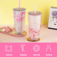 乐扣乐扣(LOCK&LOCK)樱花塑料吸管杯男女学生便携随手茶水杯子情侣生日礼物女朋友送礼