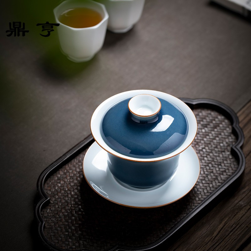 鼎亨景德镇纯手工陶瓷盖碗茶杯 梅青釉薄胎茶碗 三才盖碗