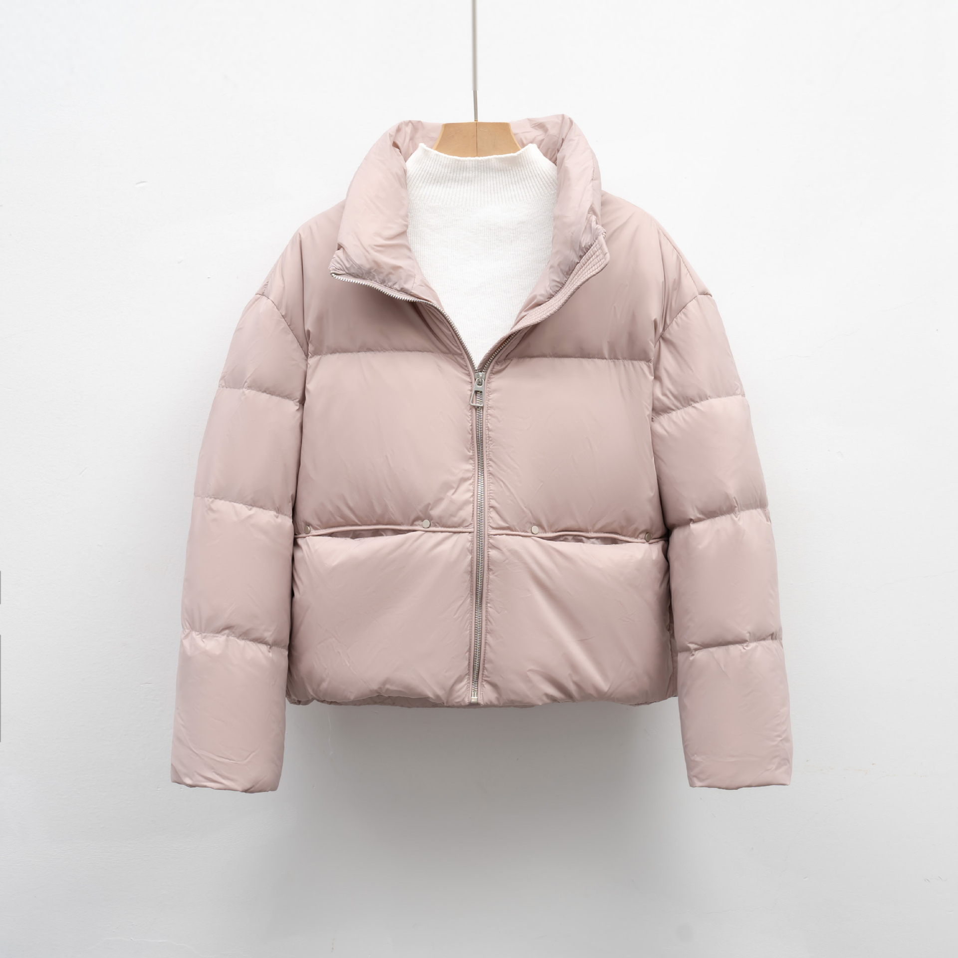 简约短款休闲鸭绒立领加厚保暖羽绒服冬季新款面包服外套 粉色 S